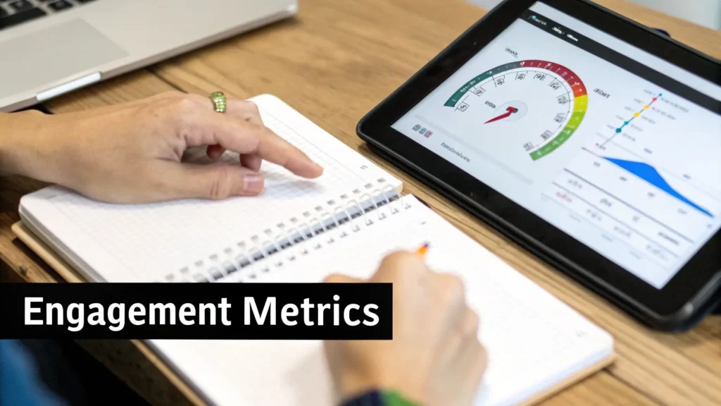 How to Measure Content Performance Like an Expert Close-up of a person reviewing engagement metrics on a tablet dashboard with charts and graphs while taking notes in a notebook, highlighting content performance analysis.