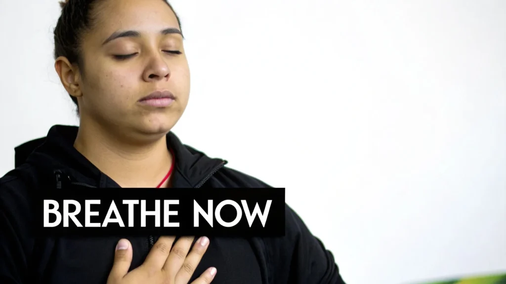 Person practicing deep breathing exercise with eyes closed and hand on chest, promoting stress relief and mindfulness meditation.