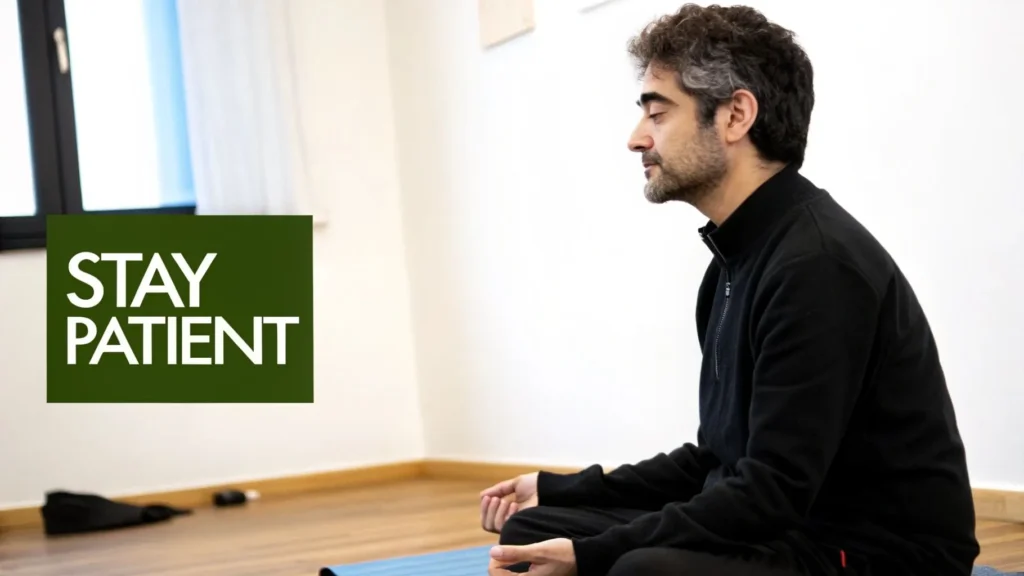 Man sitting cross-legged in meditation pose indoors with eyes closed, promoting patience and stress relief through mindfulness practice.