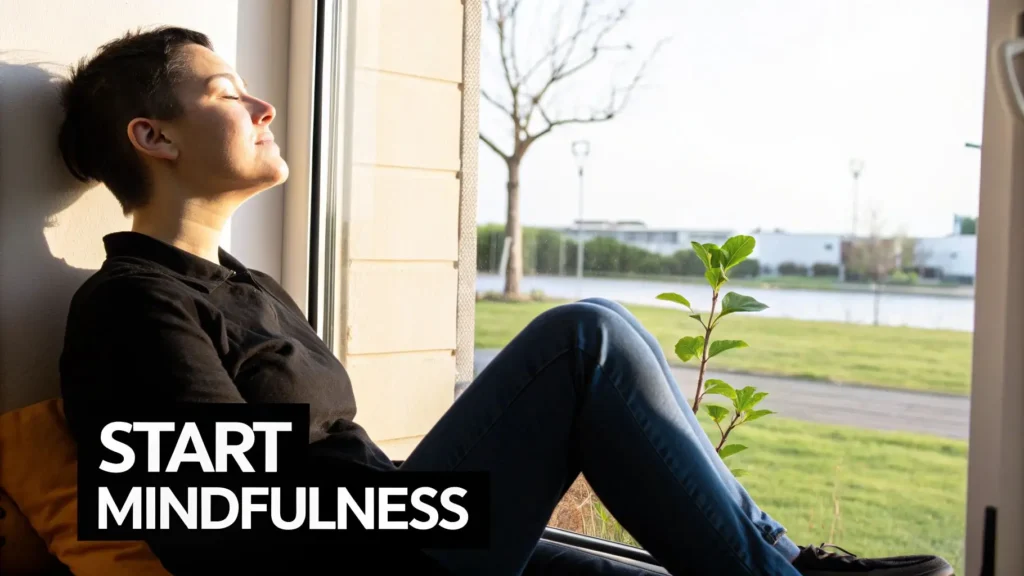 Person sitting by a window with eyes closed, enjoying sunlight and practicing mindfulness meditation for stress relief at home.