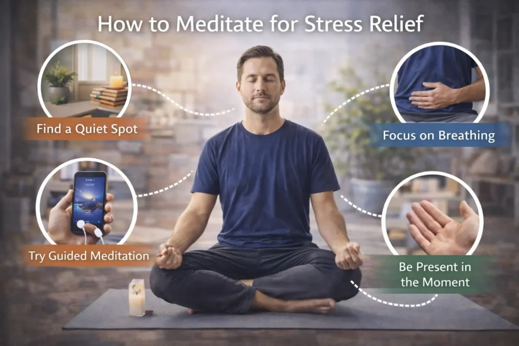 Realistic cover image titled “How to Meditate for Stress Relief” showing a man sitting cross-legged in a calm indoor setting, with visual tips including finding a quiet spot, focusing on breathing, trying guided meditation, and being present in the moment.