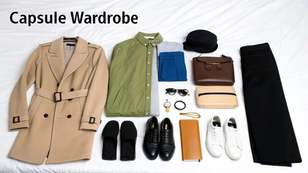How to Pack Light for Europe: Expert Tips for Carry-On Travel Capsule wardrobe flat lay featuring a beige trench coat, green button-up shirt, black trousers, black dress shoes, white sneakers, black loafers, brown leather handbag, beige clutch, wallet, sunglasses, hat, and minimalist accessories arranged neatly on a bed.