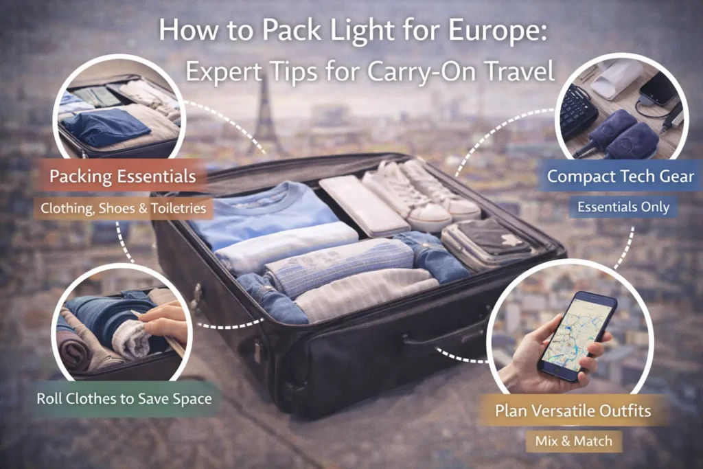 How to Pack Light for Europe: Expert Tips for Carry-On Travel Realistic cover image titled “How to Pack Light for Europe: Expert Tips for Carry-On Travel” showing an open carry-on suitcase neatly packed with clothing and shoes, alongside tips such as packing essentials only, rolling clothes to save space, bringing compact tech gear, and planning versatile outfits.