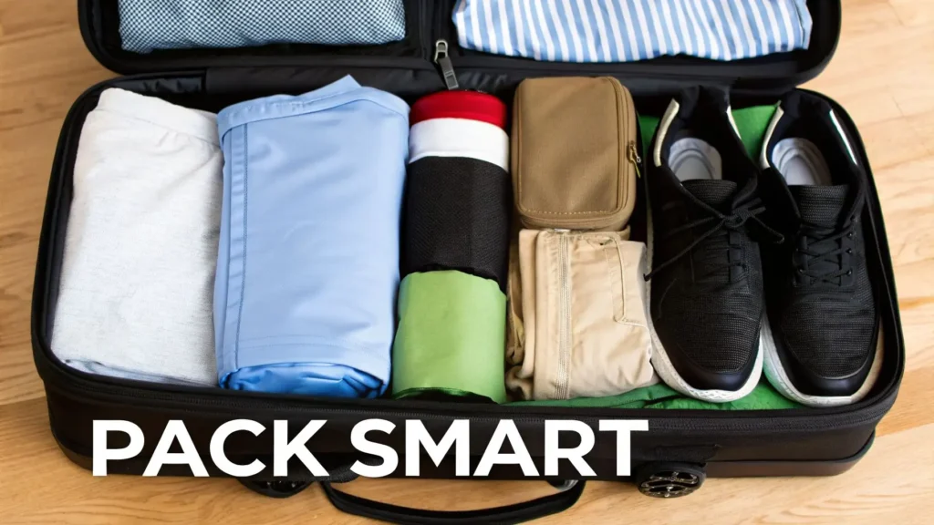 How to Pack Light for Europe: Expert Tips for Carry-On Travel Open suitcase neatly packed with rolled clothes, toiletry pouch, and black sneakers arranged efficiently, with “Pack Smart” text overlay highlighting organized travel packing strategy.