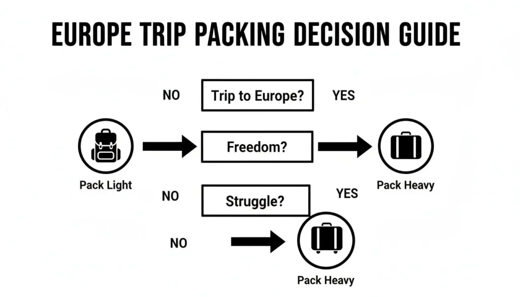 How to Pack Light for Europe: Expert Tips for Carry-On Travel Infographic titled “Europe Trip Packing Decision Guide” showing a flowchart with yes/no questions—“Trip to Europe?”, “Freedom?”, and “Struggle?”—leading to packing choices: pack light with a backpack icon or pack heavy with suitcase icons.