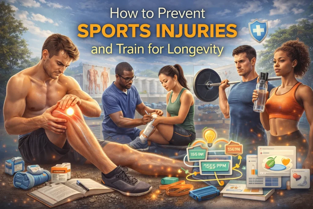 How to Prevent Sports Injuries and Train for Longevity How to Prevent Sports Injuries and Train for Longevity cover image showing athlete with knee pain, sports therapist treating ankle, strength training with barbell, hydration, and fitness recovery concepts in a gym setting.