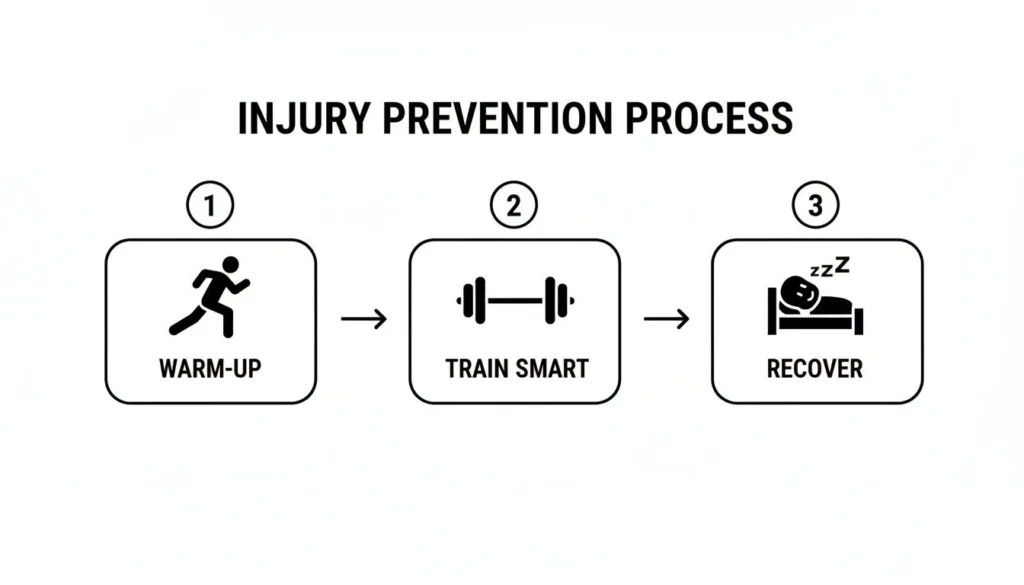 Injury prevention process diagram showing three steps: warm-up, train smart, and recover, illustrating effective sports injury prevention and safe workout practices.