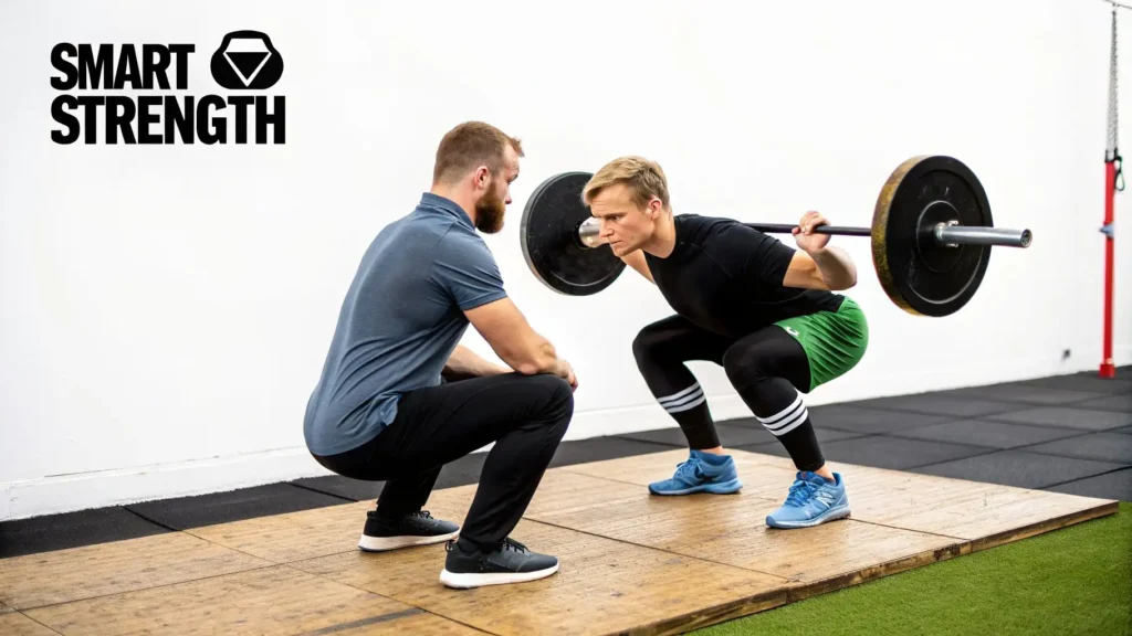 Athlete performing barbell squat with trainer supervision, demonstrating smart strength training techniques to build muscle safely and prevent sports injuries.