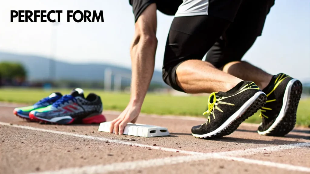 Runner positioning feet on starting blocks with text “Perfect Form,” highlighting proper running technique to prevent sports injuries and improve athletic performance.