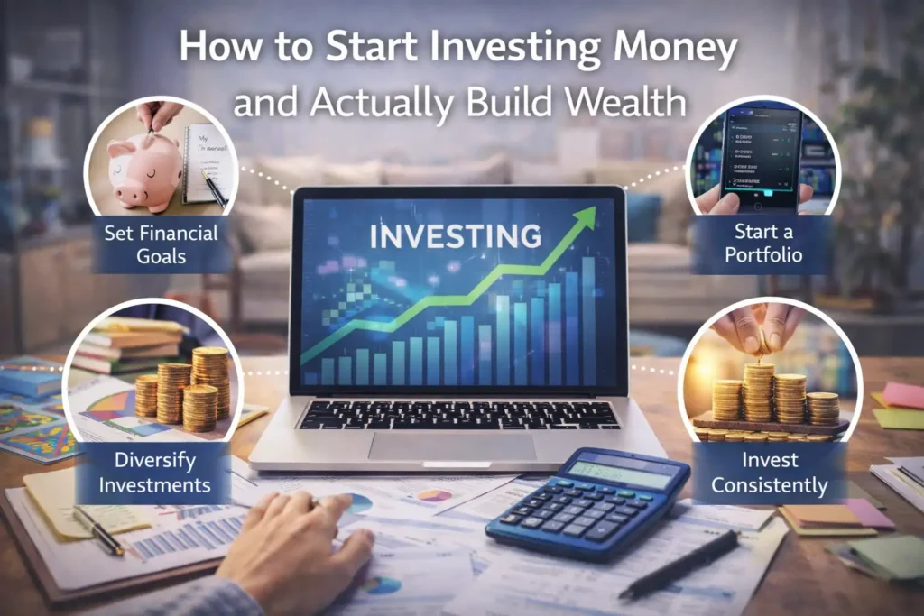 Realistic cover image titled “How to Start Investing Money and Actually Build Wealth” showing a laptop with a rising investment chart on screen, surrounded by visuals of setting financial goals, starting a portfolio, diversifying investments, and investing consistently.