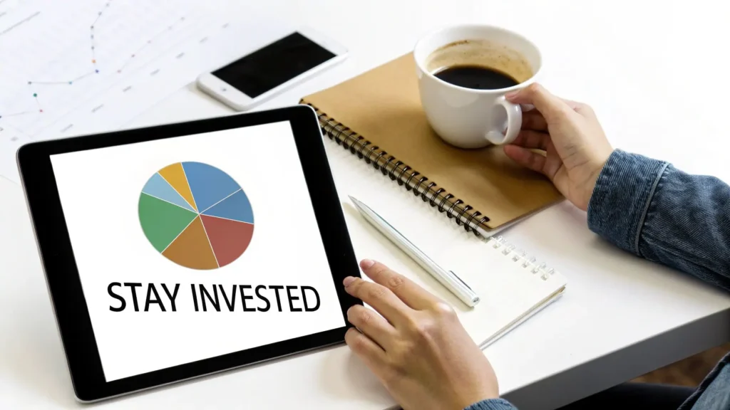 How to Start Investing Money and Actually Build Wealth Tablet displaying a pie chart and the words “Stay Invested” on a desk with a notebook, pen, smartphone, and a cup of coffee, representing personal finance and long-term investing strategy.