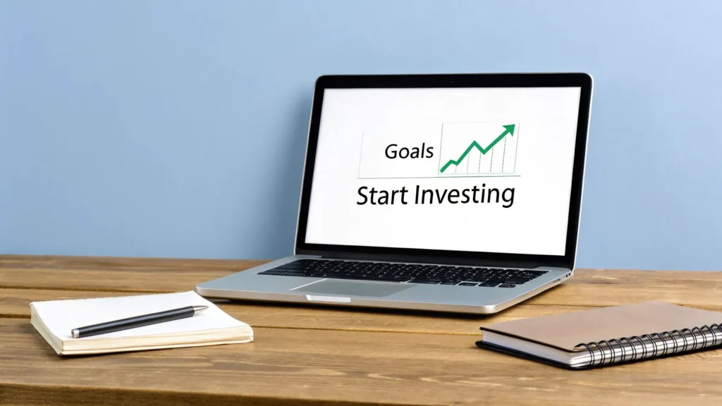 How to Start Investing Money and Actually Build Wealth Laptop on wooden desk displaying “Goals – Start Investing” with upward green growth chart, next to notebooks and pen, symbolizing financial planning and investment growth.