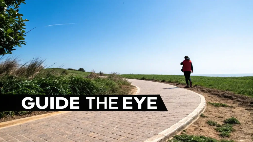 How to Take Better Photos A Practical Guide Curved brick pathway leading through grassy landscape toward a person walking under a clear blue sky, with the text “Guide the Eye” overlaid on the image.