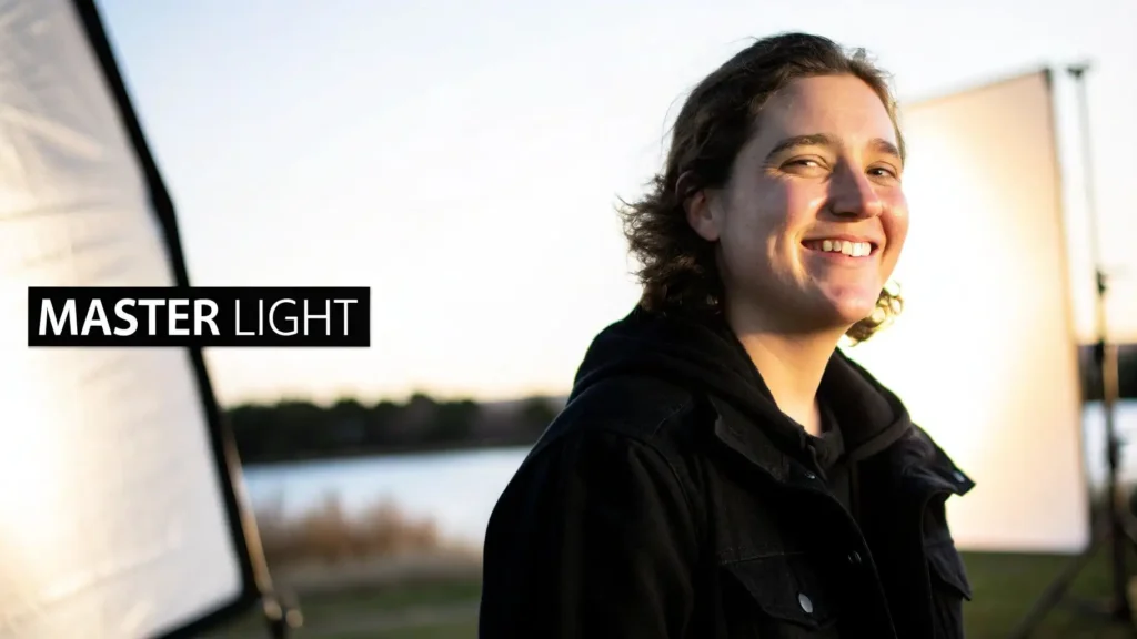 How to Take Better Photos A Practical Guide Smiling person outdoors during golden hour with photography reflectors in the background, illustrating lighting techniques, with the text “Master Light” overlaid on the image.
