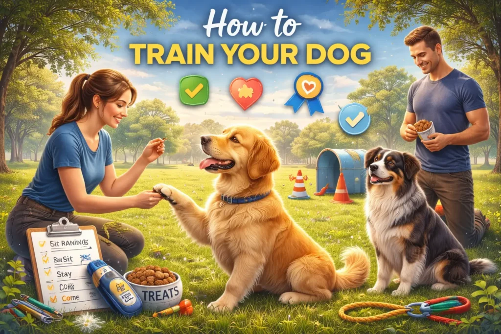 How to Train Your Dog A Practical Guide for Pet Parents How to Train Your Dog cover image showing woman teaching golden retriever to sit with treats, man training Australian shepherd in park, obedience checklist, agility cones, and positive reinforcement symbols.