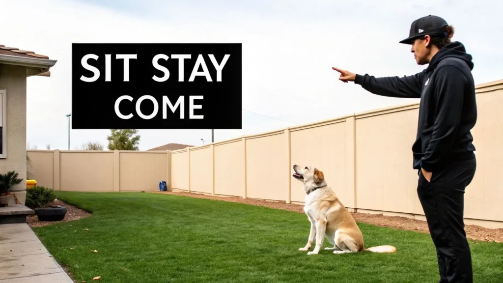 How to Train Your Dog A Practical Guide for Pet Parents Dog trainer pointing while a Labrador sits attentively on a backyard lawn, with “Sit Stay Come” text overlay highlighting basic obedience commands.