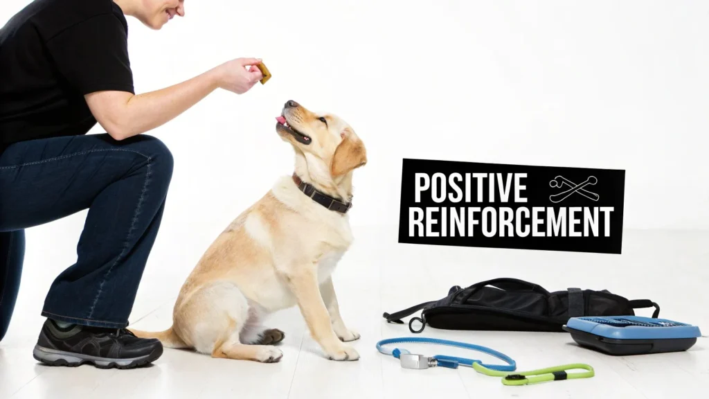 How to Train Your Dog A Practical Guide for Pet Parents Person giving a treat to a sitting Labrador during training session, with leash and training tools nearby and “Positive Reinforcement” text overlay.