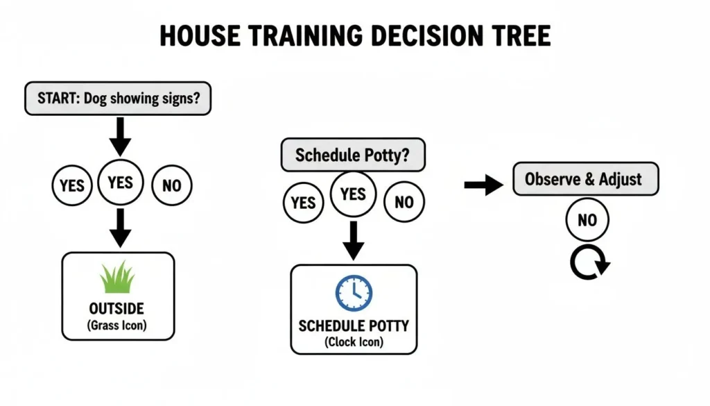 How to Train Your Dog A Practical Guide for Pet Parents Infographic titled “House Training Decision Tree” showing steps for potty training a dog, including observing signs, taking the dog outside, scheduling potty breaks, and observing and adjusting routines.