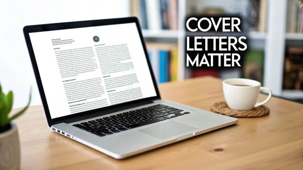 How to Write a Cover Letter That Gets You Hired Laptop displaying a cover letter document on a desk beside a coffee cup, with “Cover Letters Matter” text overlay.