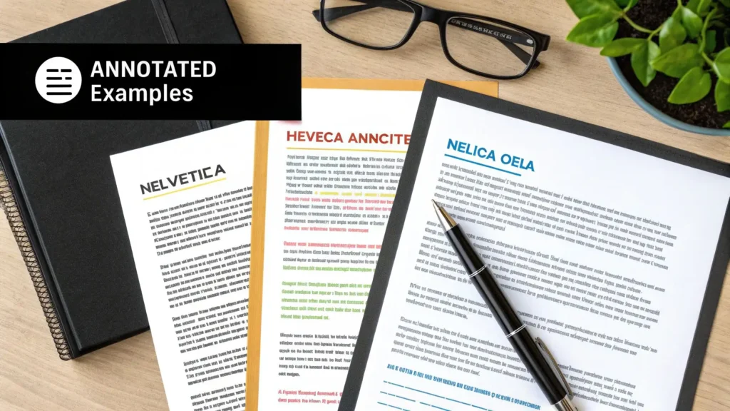 How to Write a Cover Letter That Gets You Hired Annotated cover letter examples on a desk with printed documents, pen, notebook, glasses, and plant, highlighting formatting and editing notes.