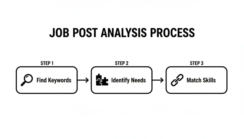 How to Write a Cover Letter That Gets You Hired Infographic titled “Job Post Analysis Process” showing three steps: find keywords, identify needs, and match skills.
