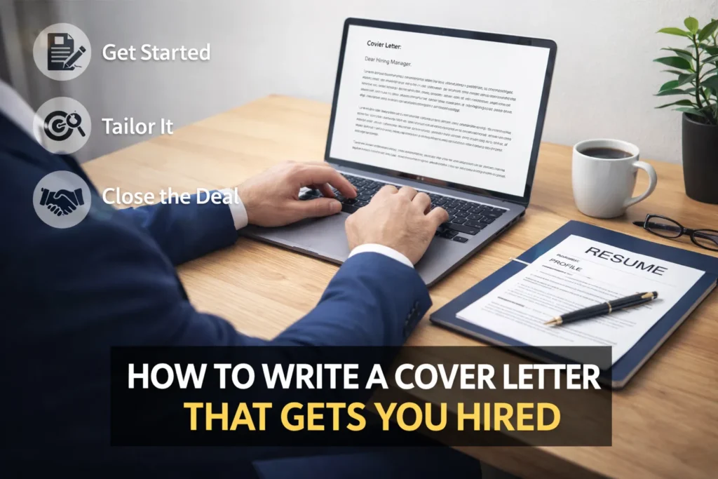 Professional man in a navy suit typing a cover letter on a laptop at a desk with a resume, coffee mug, and notebook, illustrating how to write a cover letter that gets you hired.