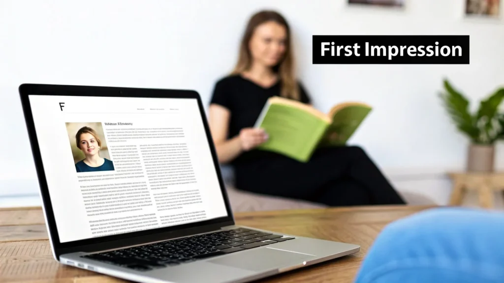 How to Write an Author Bio: how to write author bio that connects with readers Laptop displaying an online author bio profile on a website, with a woman reading a book in the background and the text “First Impression” overlaid in the corner.