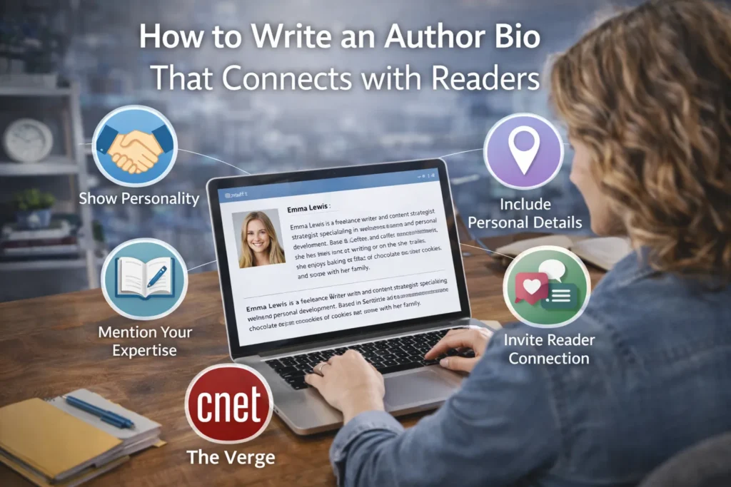 Realistic cover image titled “How to Write an Author Bio That Connects with Readers” showing a writer typing on a laptop with an example author bio on screen, surrounded by visual tips such as showing personality, mentioning expertise, including personal details, and inviting reader connection.