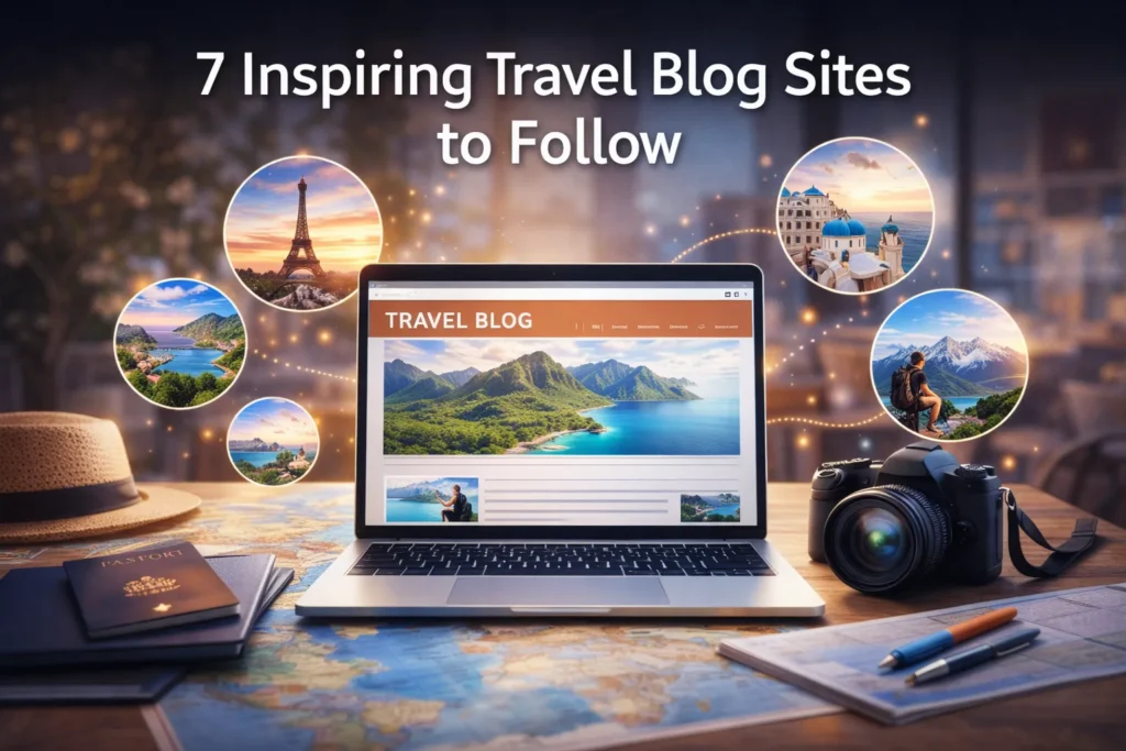 Travel blog inspiration concept image featuring a laptop displaying a travel website, surrounded by a passport, camera, world map, and iconic destinations like the Eiffel Tower and Santorini, representing top travel blog sites and global adventure inspiration.