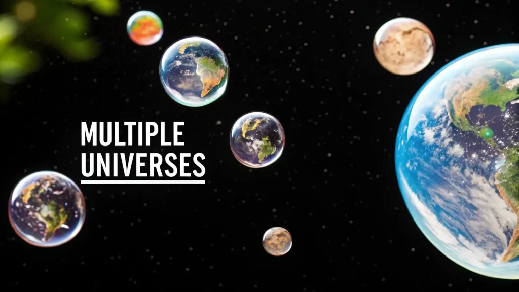 Illustration of multiple Earth-like planets floating in space against a starry background with the text “Multiple Universes” displayed on the left.