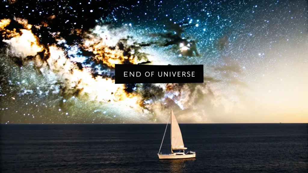 Sailboat on a calm ocean at night beneath a dramatic star-filled sky and bright galaxy clouds, with the text “End of Universe” centered above.
