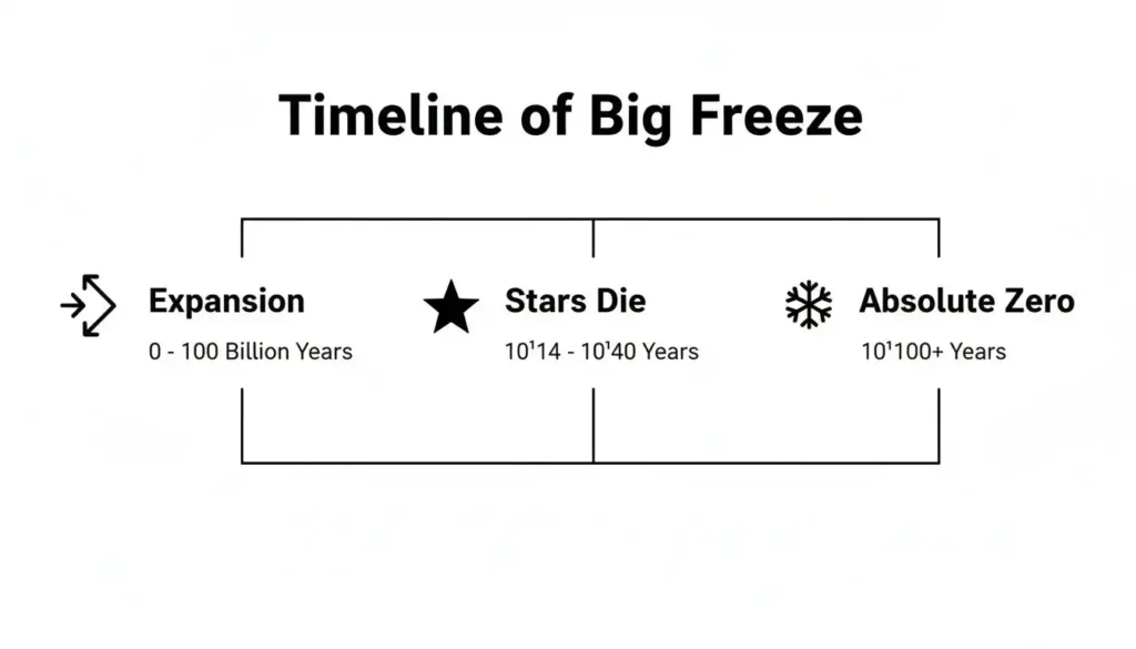 Infographic titled “Timeline of Big Freeze” showing stages of the universe’s future: Expansion (0–100 billion years), Stars Die (10^14–10^40 years), and Absolute Zero (10^1100+ years).