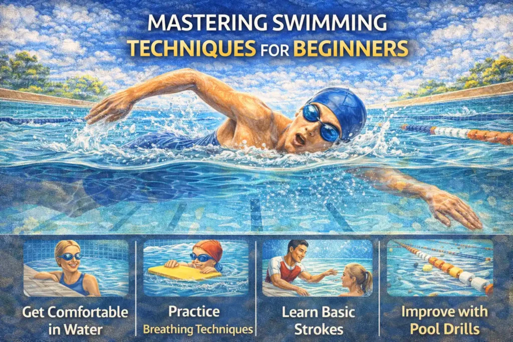 Illustration showing mastering swimming techniques for beginners, with a swimmer practicing freestyle in a pool and panels below highlighting water comfort, breathing techniques, basic strokes, and pool drills.
