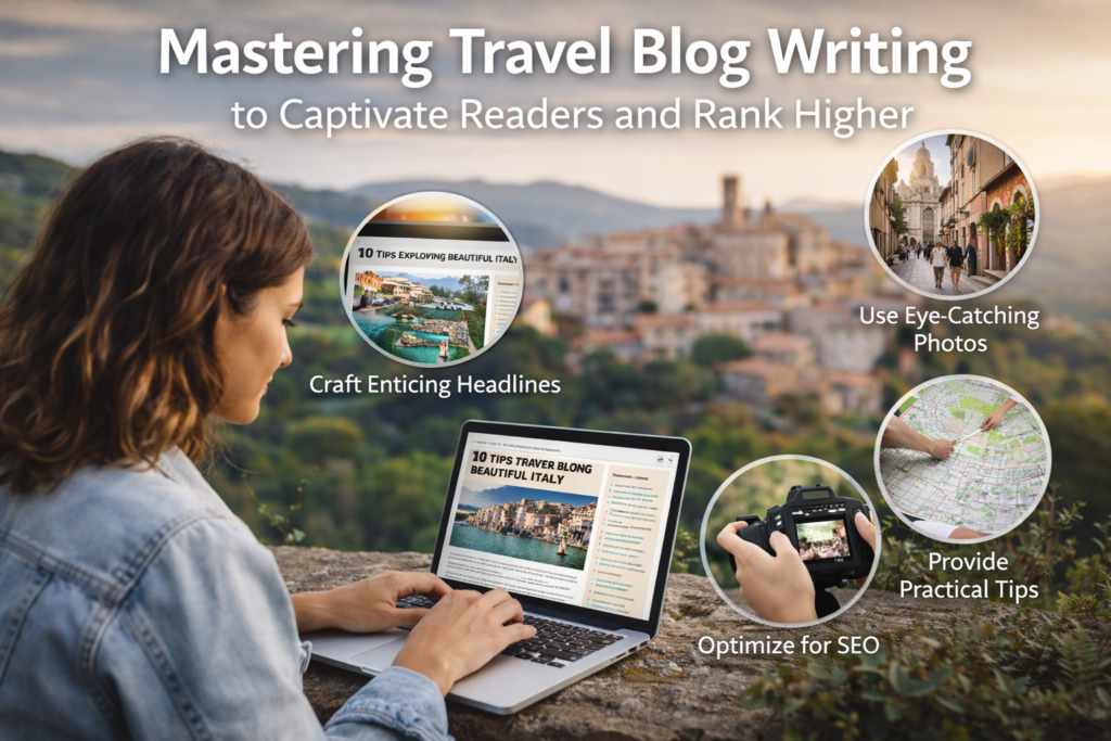 Realistic cover image titled “Mastering Travel Blog Writing to Captivate Readers and Rank Higher” showing a woman writing on a laptop overlooking a scenic European town, with visual highlights for crafting headlines, using eye-catching photos, providing practical travel tips, and optimizing content for SEO.
