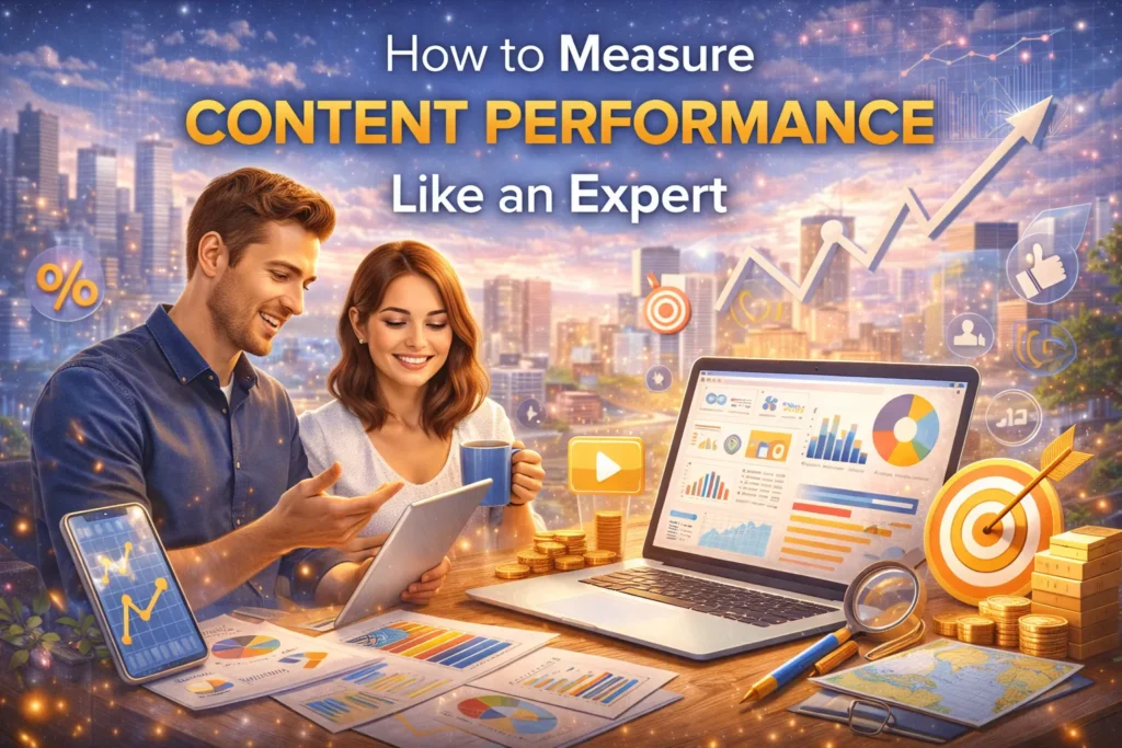 How to Measure Content Performance Like an Expert cover image showing marketers analyzing analytics dashboard on laptop and tablet, charts, graphs, KPI metrics, growth arrow, and digital marketing performance data.