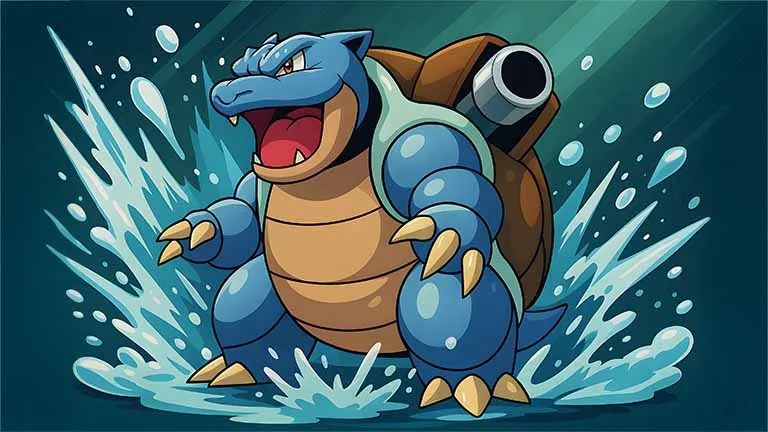 Blastoise roars amid splashing water, displaying its powerful shell-mounted water cannons in a dynamic Pokémon scene.
