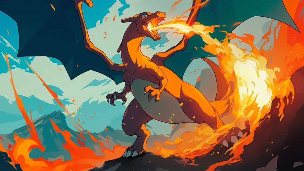 Charizard breathes a powerful stream of fire while soaring through a dramatic, flame-filled Pokémon battle scene.