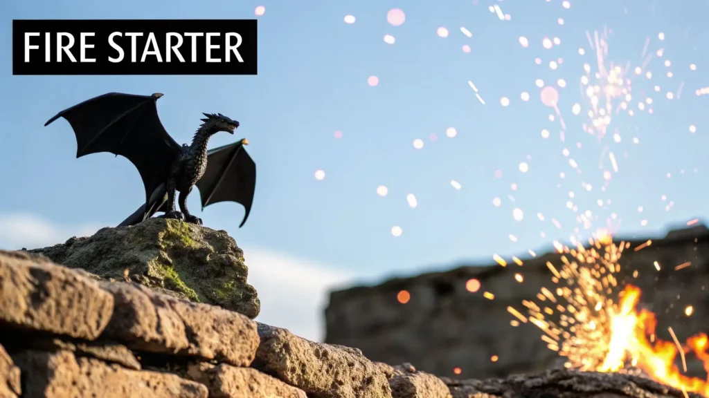 Top 10 in 2026: Most Popular Pokemon You Need to Know Black dragon figurine with wings spread perched on a rock near a campfire with flying sparks, labeled “Fire Starter.”