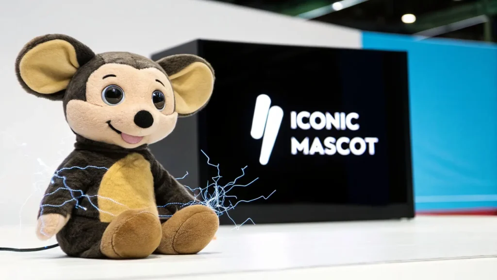 Top 10 in 2026: Most Popular Pokemon You Need to Know Cute electric-themed mascot plush sitting on a display floor with animated lightning effects, next to a sign reading “Iconic Mascot.”