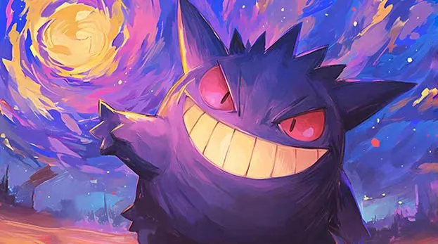 Gengar grins mischievously beneath a glowing moon in a vibrant purple and blue nighttime scene.