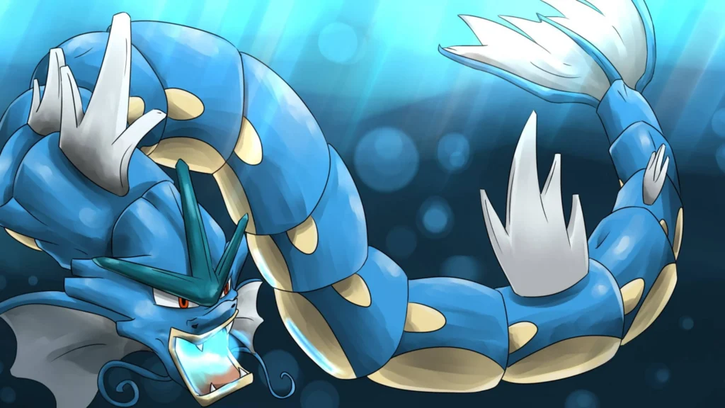 Gyarados roars fiercely underwater, showing its massive blue body, sharp fins, and powerful serpentine form.