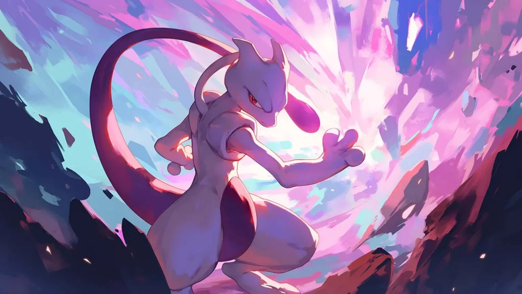 Mewtwo unleashes psychic energy amid a vibrant burst of pink, purple, and blue light in a dramatic battle scene.