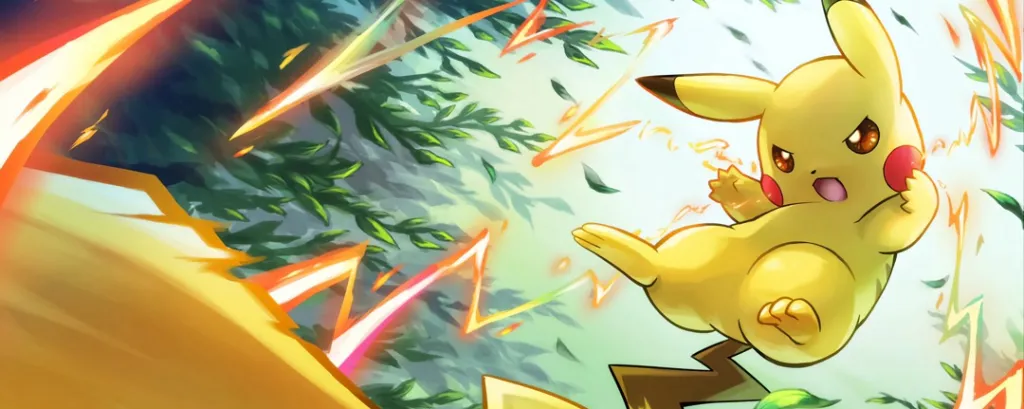 Pikachu unleashes an electric attack amid flying leaves and bright energy in a colorful Pokémon battle scene.