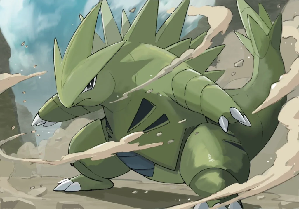Tyranitar charges through swirling dust and debris in a rocky landscape, displaying its powerful armored form.