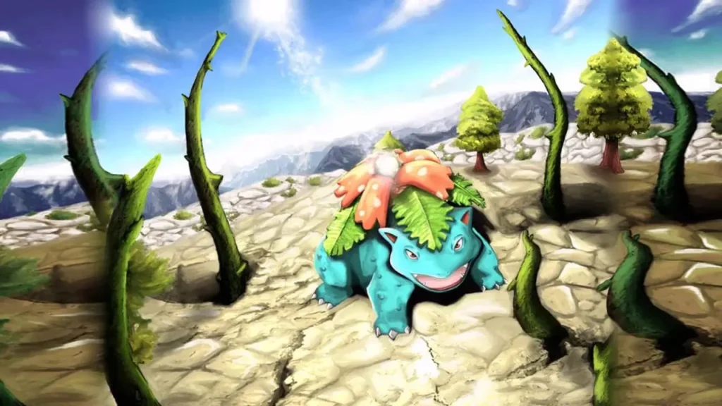 Venusaur stands on rocky terrain surrounded by twisting vines, trees, and mountains beneath a bright blue sky.