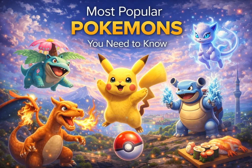 Most Popular Pokemons You Need to Know cover image featuring colorful fantasy creatures including electric mouse, fire dragon, water turtle, and mystical cat in a vibrant anime-style landscape.