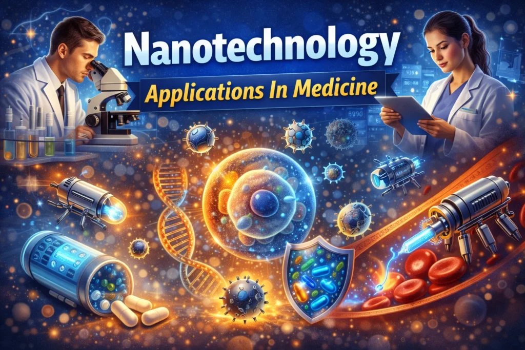 Nanotechnology applications in medicine: nanotechnology applications in medicine Nanotechnology in medicine illustration showing nanobots, DNA strand, human cell, scientists, and futuristic medical technology for advanced treatments.
