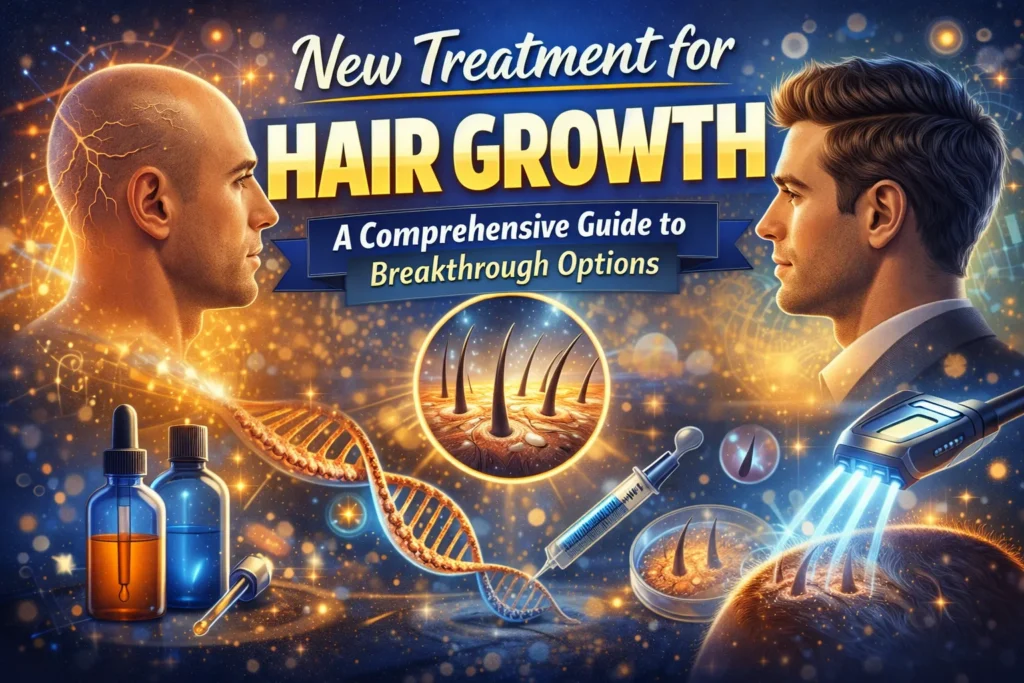 New Treatment for Hair Growth thumbnail featuring before-and-after male profile, glowing hair follicles, DNA strand, medical serum bottles, syringe, and advanced laser therapy device, illustrating breakthrough hair regrowth solutions and comprehensive guide to modern hair restoration options.