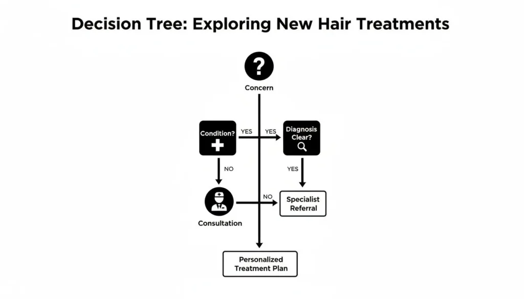 Decision tree infographic titled “Exploring New Hair Treatments” showing steps from concern and diagnosis to consultation, specialist referral, and personalized treatment plan for hair growth solutions.