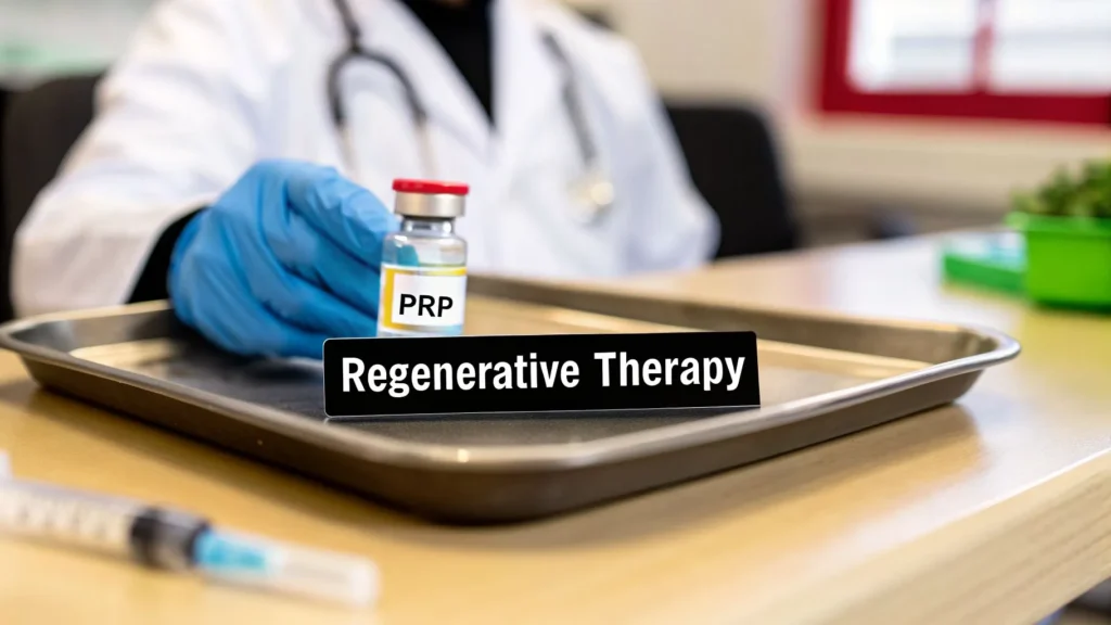 Doctor holding PRP vial labeled “Regenerative Therapy,” illustrating platelet-rich plasma treatment for hair growth and advanced scalp restoration procedures.
